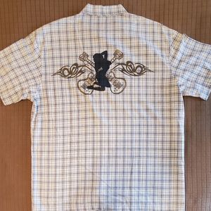 PHYS.SCI Blue Plaid Guitars Camp Shirt Sz L